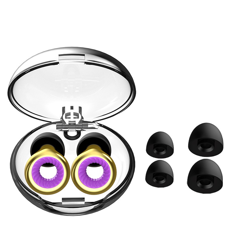 Gold-tone turbine-style earplugs with carrying case